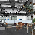 Modern Office Break Room With Sofa Tables Chairs Pendant Lights And Green Plants