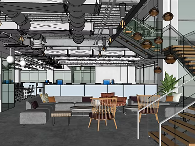 Modern Office Break Room With Sofa Tables Chairs Pendant Lights And Green Plants 3d model