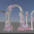 Floral Decorated Art Installation With White Archways Pink Purple Flowers Blue Sky Brick Pavement