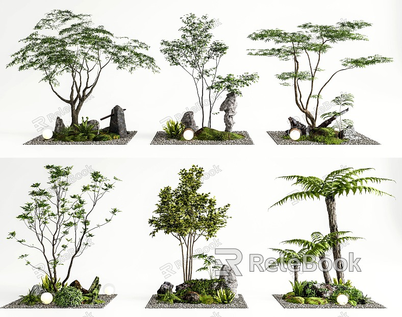 modern courtyard sketch garden landscape plant combination plant pile fern stone moss micro-terrain model