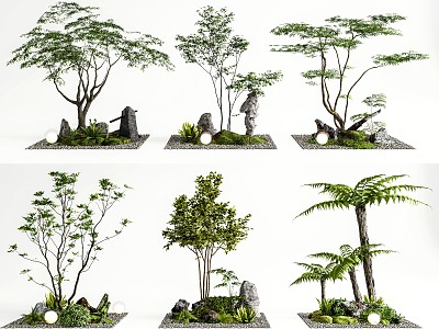 modern courtyard sketch garden landscape plant combination plant pile fern stone moss micro-terrain model