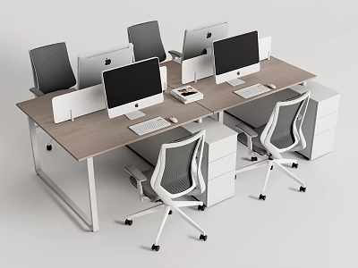 Modern Office Desk Workstation With Multiple Monitors Mesh Chairs And Filing Cabinets 3d model