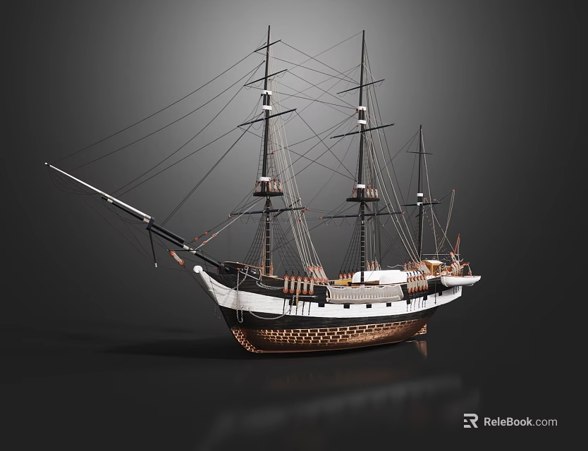 Classic Sailing Ship Model with Multiple Masts White Brown Hull on Dark Reflective Background 3d model 
