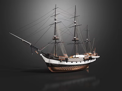 Classic Sailing Ship Model with Multiple Masts White Brown Hull on Dark Reflective Background 3d model