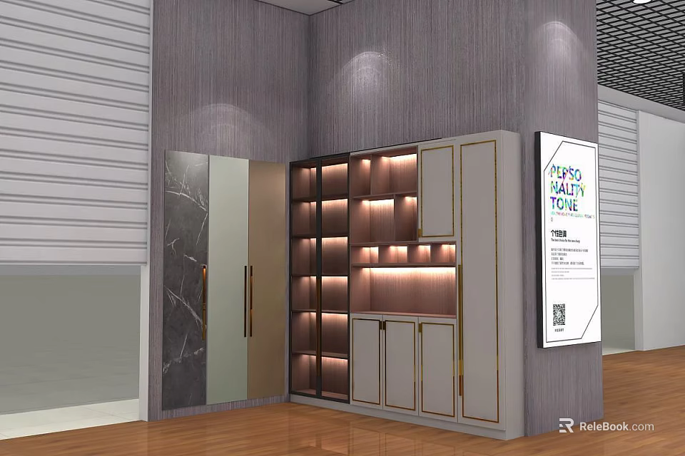 Modern Storage Cabinets With Illuminated Shelves Glass Doors And Wooden Frames 3d model 