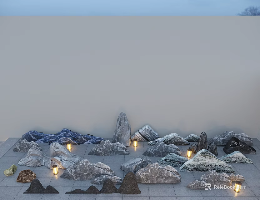 Various Shaped Stones and Natural Wood Elements with Small Lit Lights Against Grey Wall Ground 3d model 