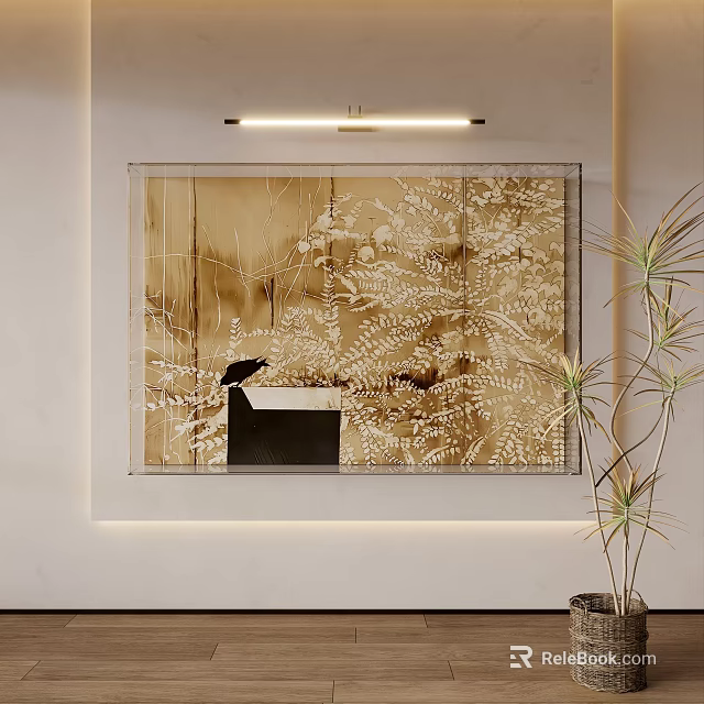 Elegant Framed Abstract Painting With Golden Fern Patterns In Modern Interior Wall Decor 3d model 