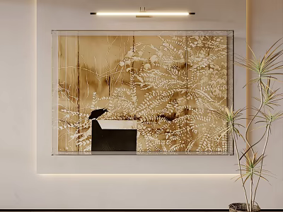 Elegant Framed Abstract Painting With Golden Fern Patterns In Modern Interior Wall Decor 3d model