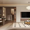Modern Living and Dining Room Interior Design With Chandelier Sofa Coffee Table and Wooden Cabinets