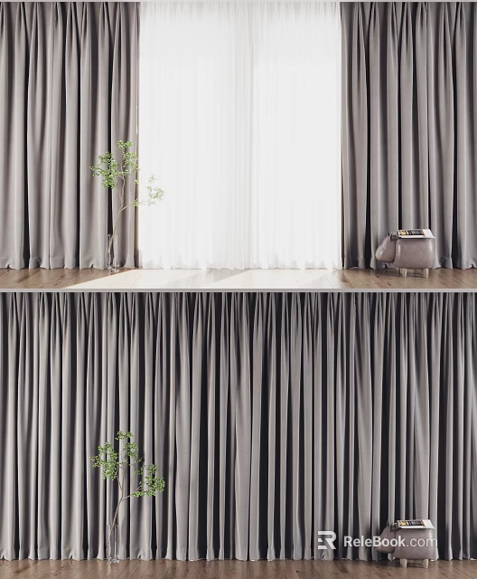 Gray Curtains With White Sheer Panels In Modern Interior With Green Plant And Stool 3d model 