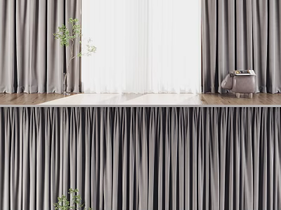 Gray Curtains With White Sheer Panels In Modern Interior With Green Plant And Stool 3d model