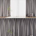 Gray Curtains With White Sheer Panels In Modern Interior With Green Plant And Stool