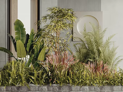 Lush Indoor Foliage Arrangement With Bamboo Ferns And Banana Leaves In Modern Interior 3d model