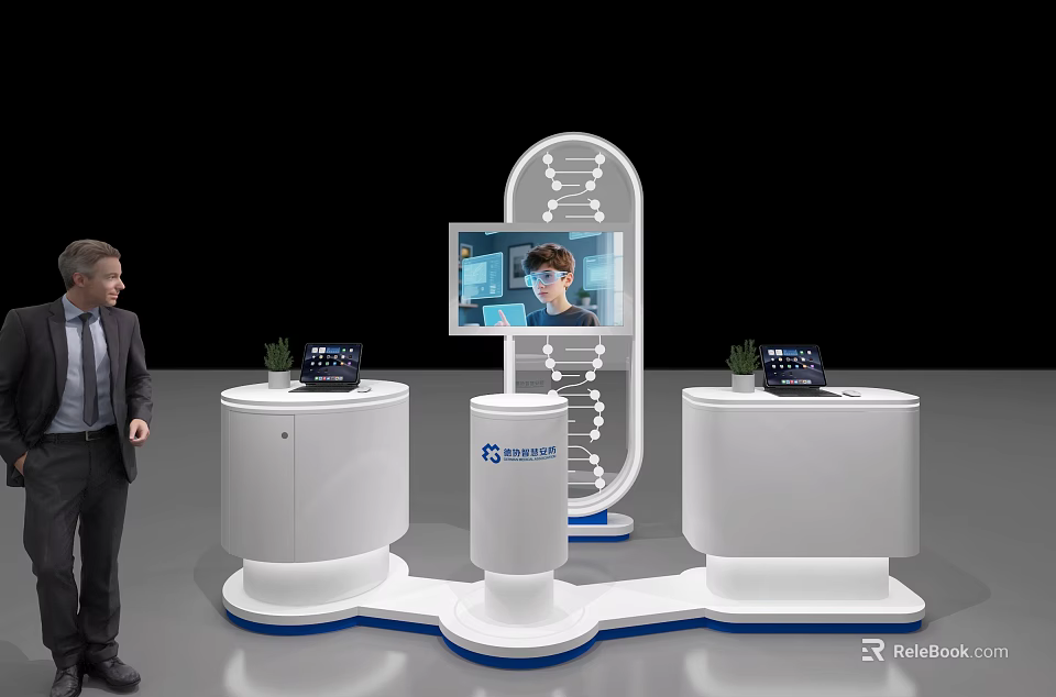 Modern Exhibition Island With DNA Structure Screen SYNTHESIS Logo Devices And Small Plants 3d model 