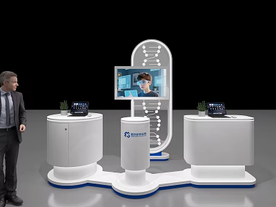 Modern Exhibition Island With DNA Structure Screen SYNTHESIS Logo Devices And Small Plants 3d model