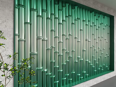 Modern Green Bamboo Shaped Glass Background Wall With Indoor Green Plants Decor 3d model