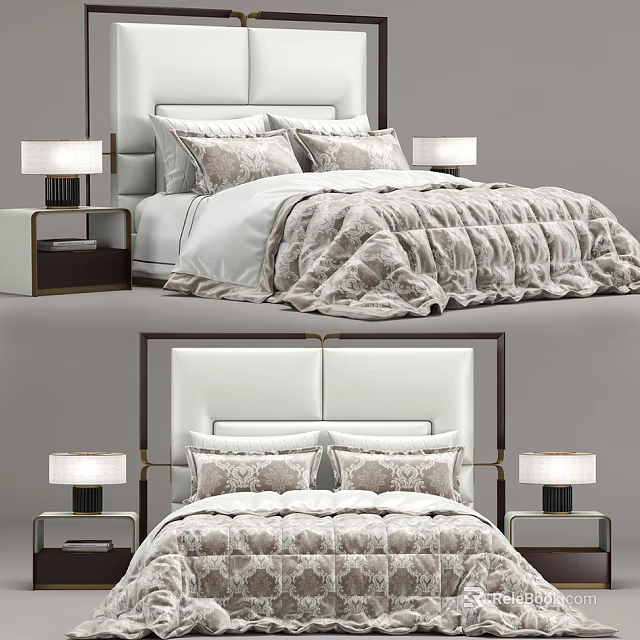 Modern Double Bed with White Headboard Patterned Bedspread Pillows and Nightstand Table Lamps 3d model