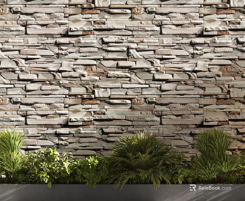 Layered Natural Stone Wall With Green Plants And Outdoor Textured Decor 3d model 