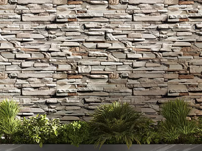 Layered Natural Stone Wall With Green Plants And Outdoor Textured Decor 3d model