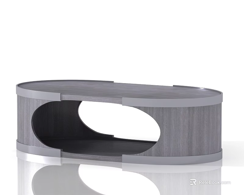 Modern Oval Coffee Table With Gray Wood Grain Metal Frame And Hollow Design 3d model 