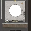 Bathroom Interior with Circular Mirror Gray Tiled Walls Wooden Cabinets and Stone Sink