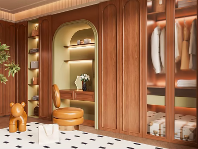 Modern Elegant Wooden Wardrobe With Glass Doors Clothing Hanging And Dressing Nook Green Plant Interior 3d model