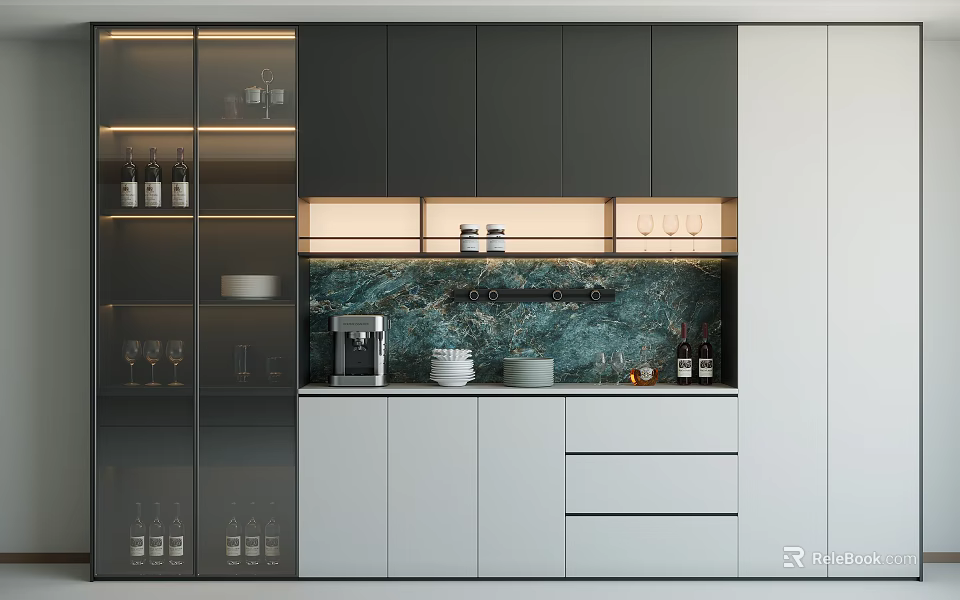 Modern Wine Cabinet With Glass Doors LED Lighting Emerald Backsplash And Kitchen Cabinets 3d model 