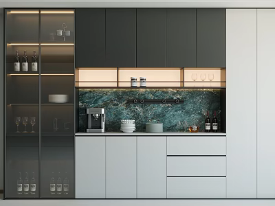 Modern Wine Cabinet With Glass Doors LED Lighting Emerald Backsplash And Kitchen Cabinets 3d model