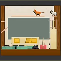 Miniature Room Furniture with Sofa Shelves Window Door Yellow Pillows and Green Cushions