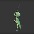 Cute Green Cartoon Grasshopper With Big Eyes And Long Antennae On Dark Background