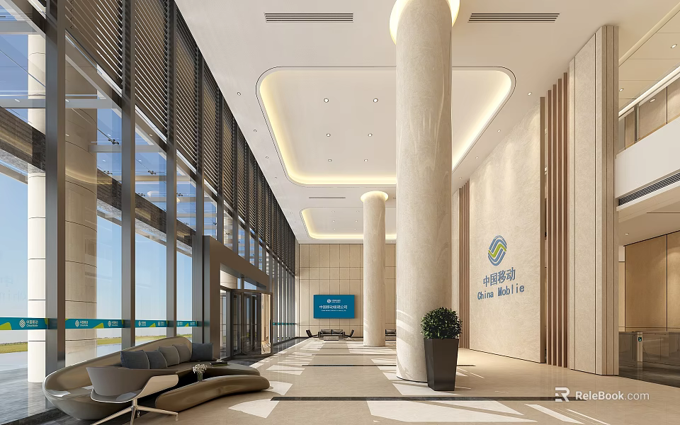 Shower Sauna Lobby Interior Design With Large Windows Comfortable Sofas Columns And Logo 3d model 