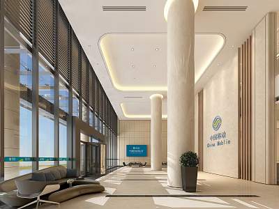 Shower Sauna Lobby Interior Design With Large Windows Comfortable Sofas Columns And Logo 3d model