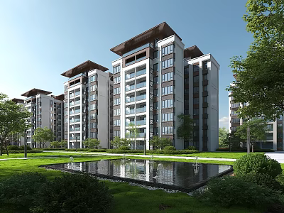 Modern Multi Storey Residential Building Exterior With Lawn Pond And Greenery Trees 3d model