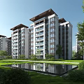 Modern Multi Storey Residential Building Exterior With Lawn Pond And Greenery Trees