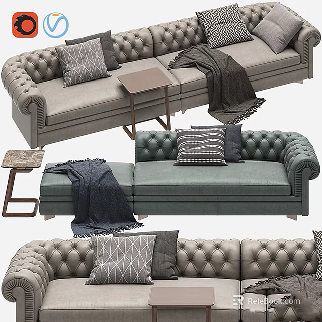 Tufted Sofa Designs in Gray and Green with Pillows Blankets and Side Table 3d model
