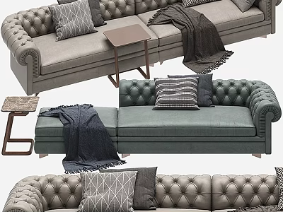 Tufted Sofa Designs in Gray and Green with Pillows Blankets and Side Table 3d model