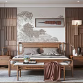 Chinese Style Bedroom Interior With Wooden Furniture Bedhead Wall Painting Nightstands And Armchair