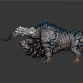 Mythical Fantasy Beast 3D Model With Large Curved Horns And Rocky Scaled Skin