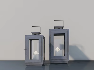 Stylish Square Candle Lanterns With Glass Panels Top Handles On Dark Table Light Wall 3d model