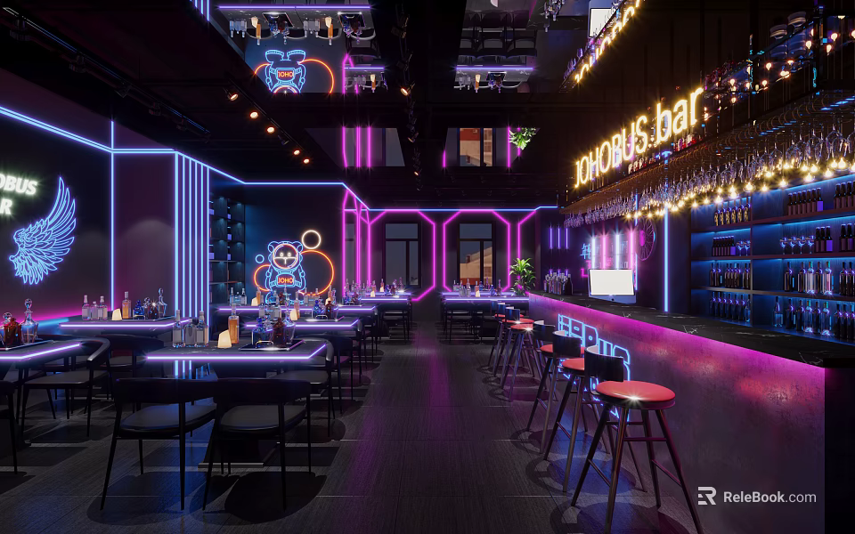 Modern Bar Interior Design With Neon Lights Counter Tables Chairs And Wine Racks 3d model 