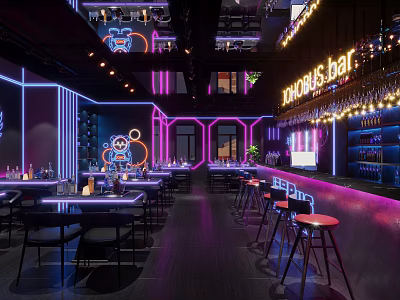 Modern Bar Interior Design With Neon Lights Counter Tables Chairs And Wine Racks 3d model