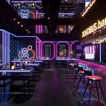 Modern Bar Interior Design With Neon Lights Counter Tables Chairs And Wine Racks