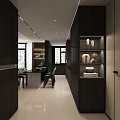 Modern Living Dining Room Interior Design With Dark Wood Cabinets Glass Display And Marble Dining Table