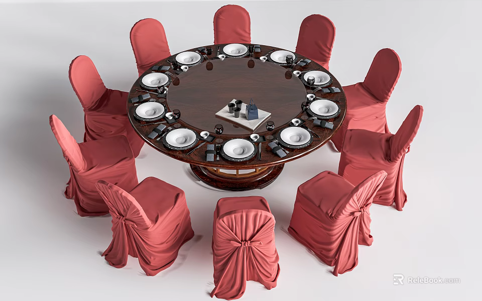 Elegant Round Dining Table With Red Chair Covers White Plates And Decorative Centerpiece 3d model 