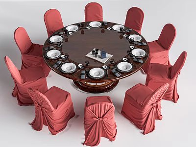 Elegant Round Dining Table With Red Chair Covers White Plates And Decorative Centerpiece 3d model