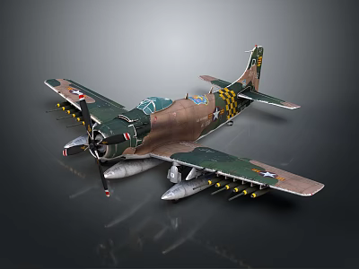 Military Aircraft With Camouflage Paint Bombs Under Wings And Propeller On Dark Background 3d model