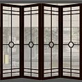 Modern Four Panel Folding Screen with Black Frame and Geometric Patterned Sheer Panels 3d model