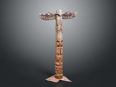 Traditional Wooden Totem Pole With Carved Eyes Feathers And Cultural Patterns 3d model
