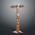 Traditional Wooden Totem Pole With Carved Eyes Feathers And Cultural Patterns
