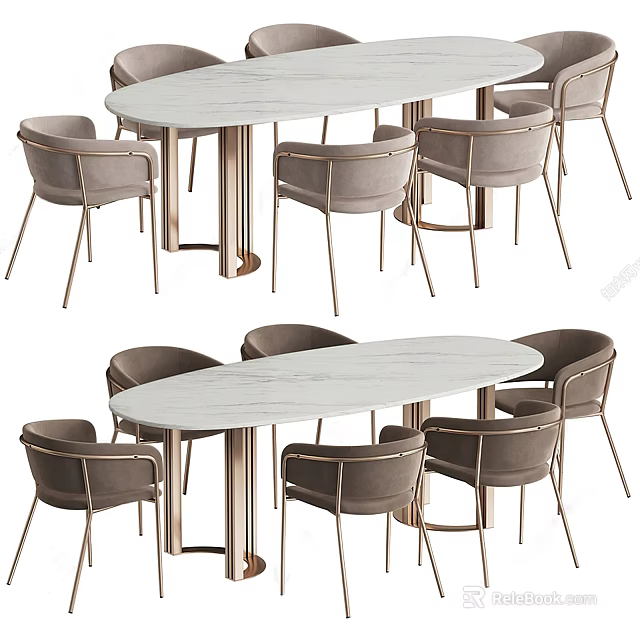 Elegant Oval Dining Table Set With Marble Tabletop And Gray Upholstered Gold Leg Chairs 3d model 